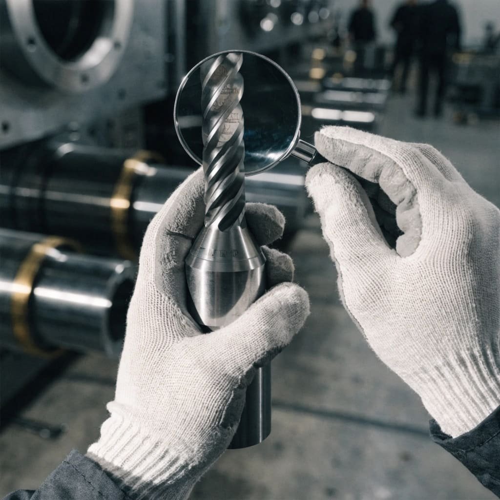 Inspecting End Mill Markings A person inspecting the shank of an end mill for markings