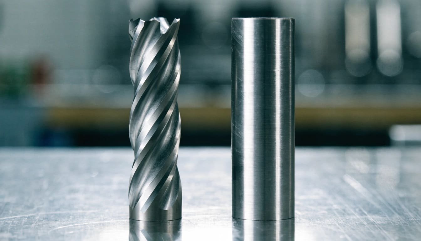 HSS vs Regular Steel An HSS end mill next to a piece of regular steel bar stock