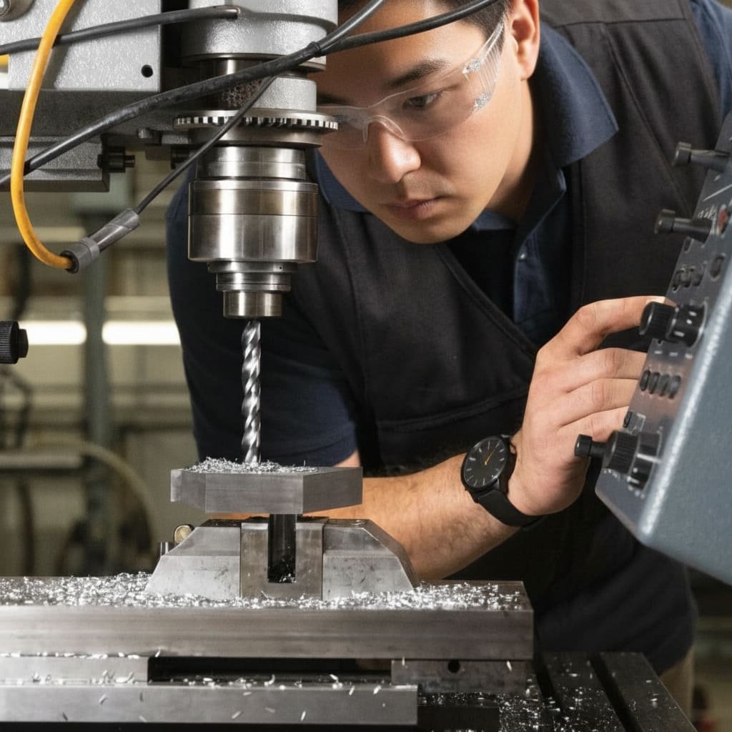 Machinist Performing a Test Cut A machinist setting up a test cut on a milling machine