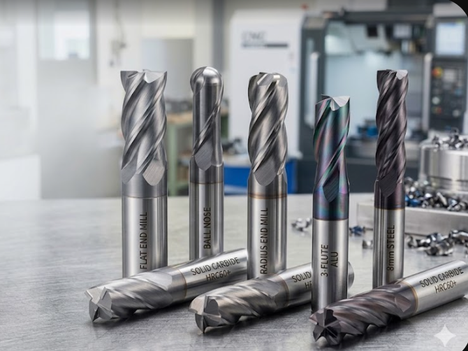 Solid carbide end mill close-up showing flute geometry and nano coating